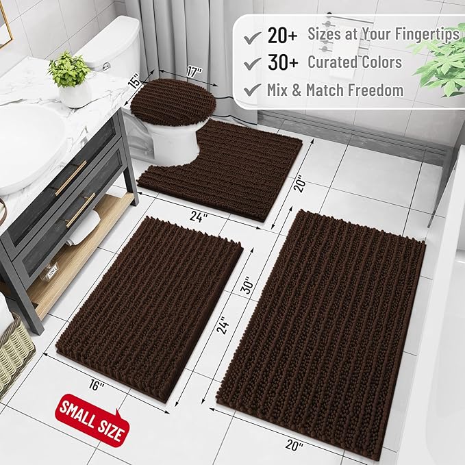 Arotive Luxury Chenille Bathroom Rug Mat, Extra Soft Thick Absorbent Shaggy Bath Rugs, Non-Slip Machine Wash Dry, Plush Bath Mats for Bathroom, Shower and Tub, 36x24, Brown