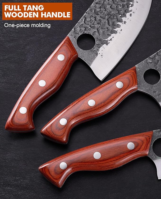 3PCS Hand Forged Butcher Knifes Set Razor Sharp Serbian Chef Knife Meat Cleaver Boning Knife Kitchen Set for Meat Cutting Cooking BBQ Gift for Men Women