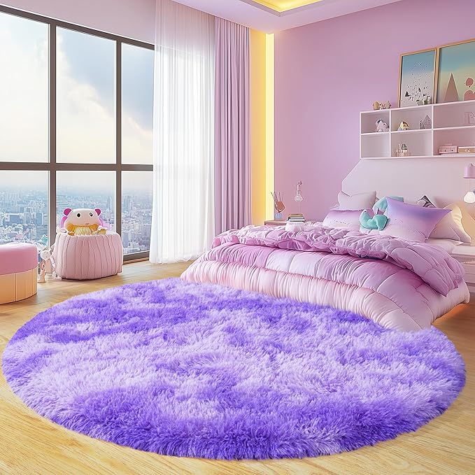 Round Fluffy Rugs 6Ft for Girls Bedroom, Tie-Dyed Purple Shag Circle Kids Rug Non-Slip for Bedside Dorm Nursery Playroom, Soft Cute Area Rugs for Living Room Decor