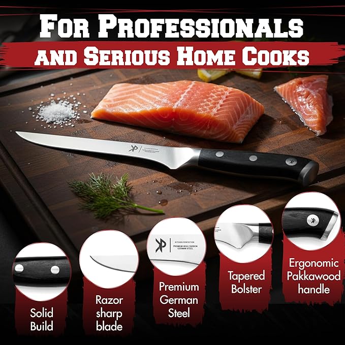 Kitchen perfection 6” Boning Knife for Meat Cutting & Filleting - Razor Sharp Premium German Steel Blade with Sheath - Full Tang Ergonomic Handle - Trim, Debone, Slice Meat Like a Pro- BBQ Men's Gift