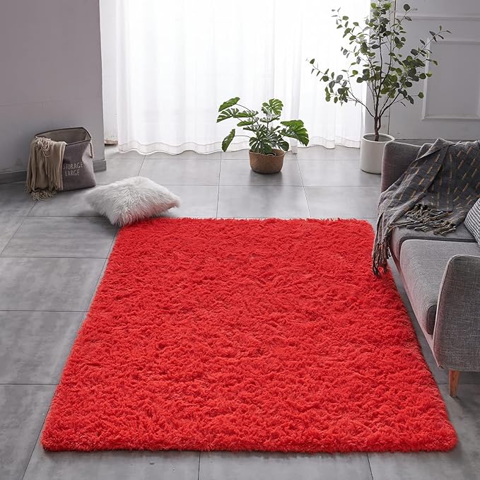 TABAYON Shag Area Rug, 5x7 Ft Red Upgrade Anti-Skid Durable Rectangular Cozy Rug, High Pile Soft Throw Rug for Nursery Room Living Room