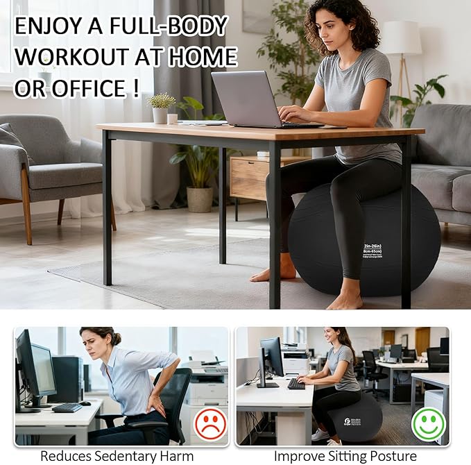 Gruper Yoga Ball, Multiple Sizes Non Slip Exercise Ball for Workout, Birthing, Balance, Stability, Pregnancy, 2200LB Capacity, Anti Burst Chair for Home and Office, Includes Quick Pump & Fitness Guide