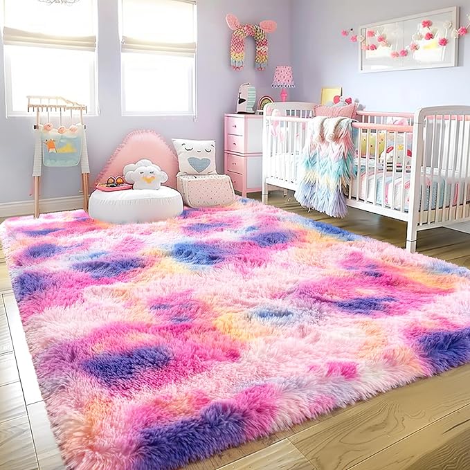 Ultra Fluffy Rug for Living Room Bedroom, 5x7 Fuzzy Large Area Rug for Living Room, Plush Soft Shag Carpet for Girl Boy Kids, Non Slip Rug Modern Indoor Home Decor Aesthetic, Dark Rainbow