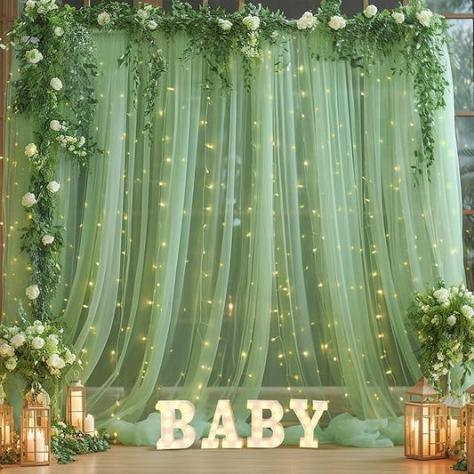 10×10ft Green Tulle Backdrop Curtain with Lights String for Parties, Sheer Photo Curtain Backdrop Drapes for Wedding Party Photography Backgrounds