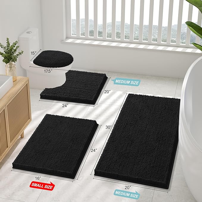 Smiry Luxury Chenille Bathroom Rugs 44x24, Extra Soft and Absorbent Shaggy Bath Mat, Machine Washable, Non-Slip Plush Carpet Runner for Tub, Shower, and Floor, Home Decor Accessories, Black