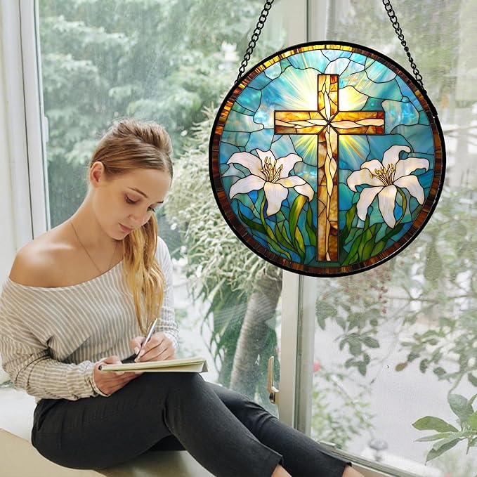 Christian Gifts for Women - Cross Stained Glass Window Hanging Jesus Easter White Lily Flower Sun Catcher Garden Religion Decor Mother's Day Catholic Gift for Men Grandma Mom Her Nana 9.8"