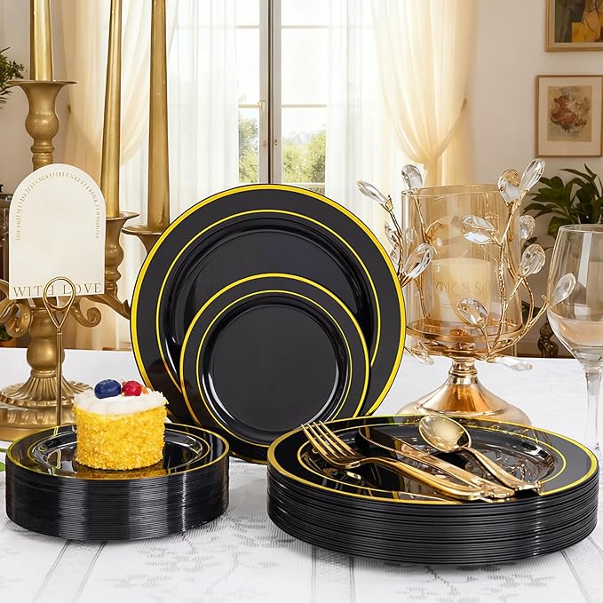GATHER 350PCS Black Plastic Plates - Black and Gold Disposable Dinnerware Set Include 100 Plates, 150 Gold Silverware, 50 Napkins, 50 Cups for Party & Wedding & Birthday & New Year