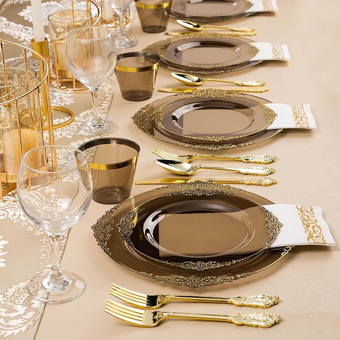 350PCS Clear Black Plastic Plates for 50 Guests, Disposable Plates with Gold Trim include 50 Dinner and Dessert Plates, 150 Gold Silverware, 50 Cups, 50 Napkins for Party & Graduation