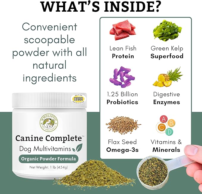 Wholistic Pet Organics Canine Complete - Dog Multivitamin Powder - 1 Lb - Daily Dog Vitamins and Supplements for Homemade Food - Immune System, Skin, Coat & Overall Health - All Breeds - 45 Scoops