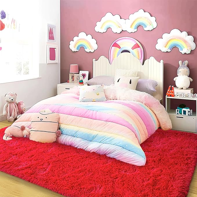 Super Fluffy Rug for Bedroom, 4x6 Shag Fuzzy Area Rug for Living Room Bedroom, Plush Soft Carpet for Girls Boys Kids, Non Slip Throw Rugs for Dorm, Modern Home Decor Aesthetic, Red