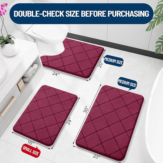 OLANLY Memory Foam Bath Mat 47x32, Ultra Soft and Absorbent Bathroom Rugs, Machine Washable, Comfortable Bath Carpet for Bathroom Floor, Tub and Shower, Burgundy
