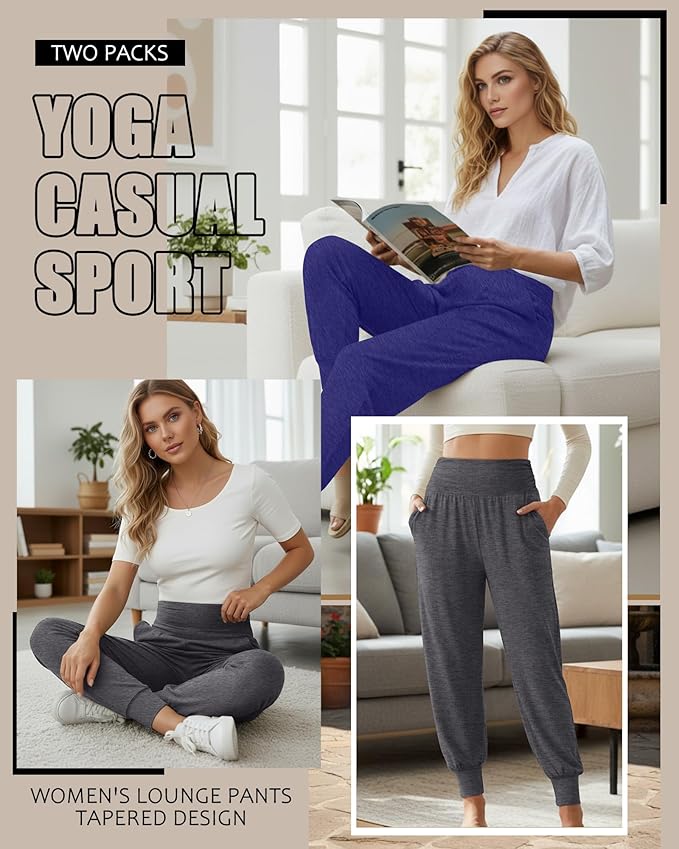 2 Pack Women's Yoga Joggers, Cozy Sweatpants with Pockets Casual Loose Comfy High Waisted Lounge Pants