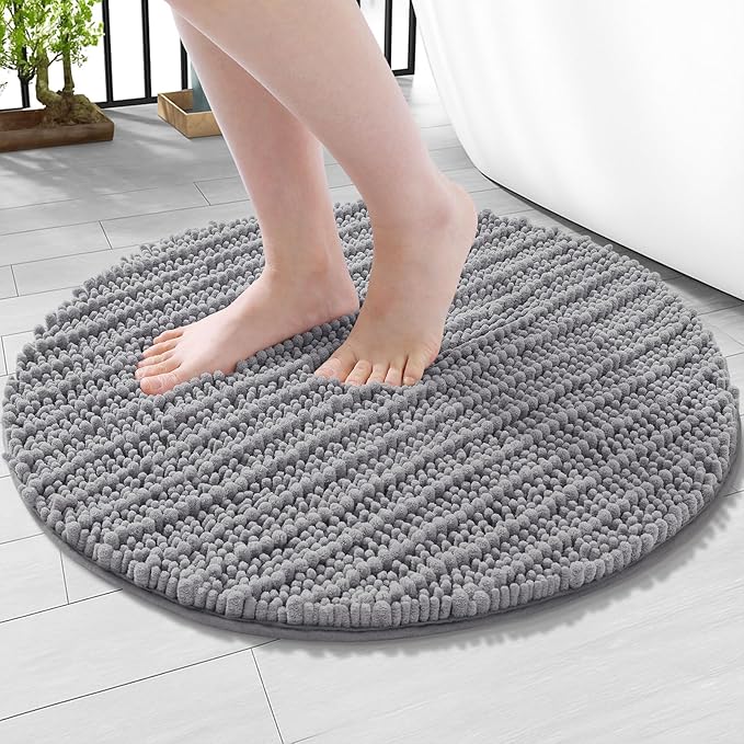 Arotive Luxury Round Chenille Bathroom Rug Mat, Extra Soft Thick Absorbent Shaggy Bath Rugs, Non-Slip Machine Wash Dry Plush Bath Mats for Bathroom, Shower and Tub, 24x24, Grey