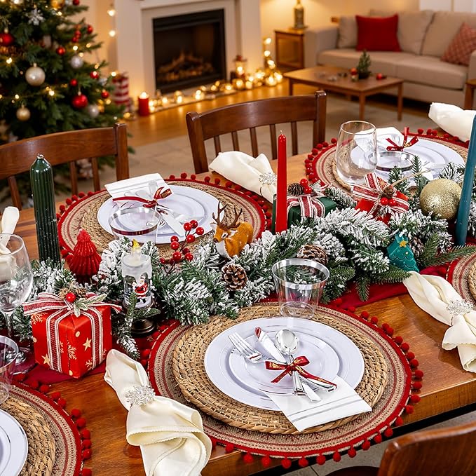 GATHER 350PCS Silver Plastic Plates - White and Silver Disposable Plates for 50 Guests Includes 100 Plate, 50 Napkins, 150 Silvery Cutlery and 50 Cups for Party & Christmas