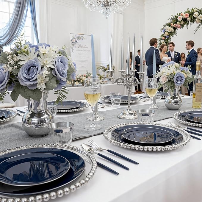 KIRE 175Pcs Blue Plastic Plates with Silver Rim & Disposable Silverware with Blue Handle & Silver-rim Cups & Hand Napkin & Plastic Dinnerware for Hanukkah/Parties/Wedding