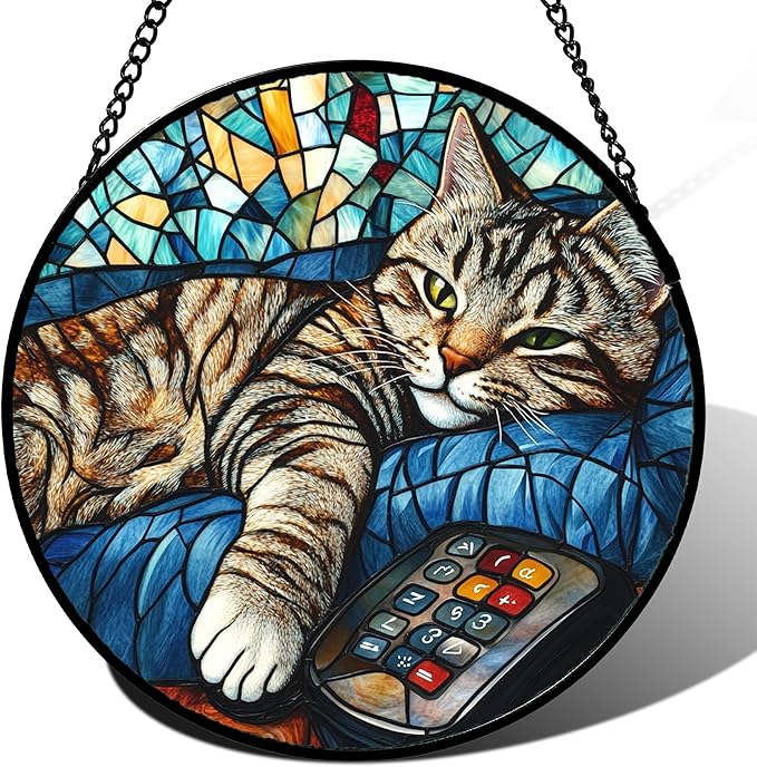 Stained Glass Window Hanging Gray Cat and Remote Control 9.8" - Suncatcher Door Garden Kitchen Sun Catcher Home Decor Birthday for Lost Pets Mom Men Woman Friend Grandma