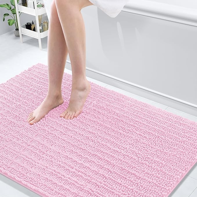 Arotive Luxury Chenille Bathroom Rug Mat, Extra Soft Thick Absorbent Shaggy Bath Rugs, Non-Slip Machine Wash Dry, Plush Bath Mats for Bathroom, Shower and Tub, 59x35, Pink