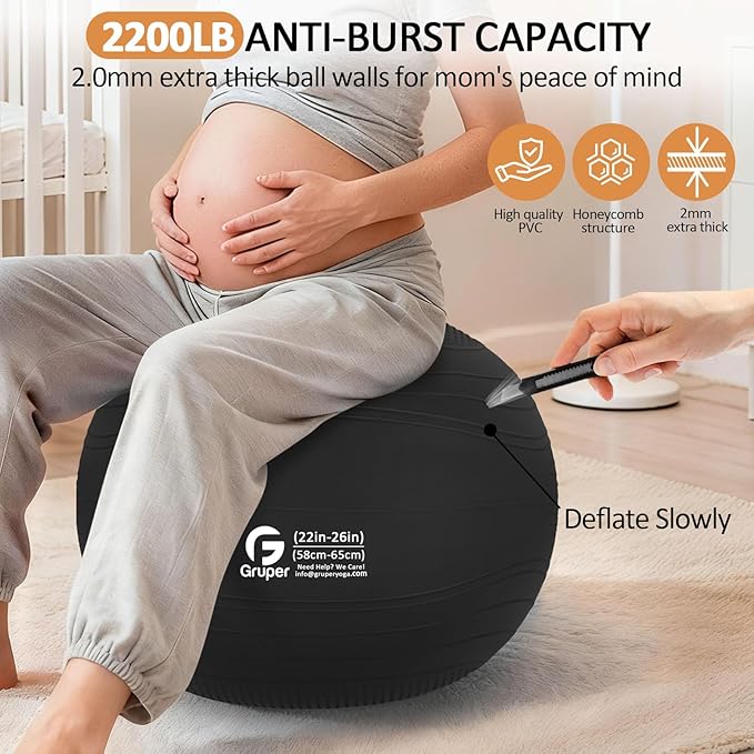 Gruper Yoga Ball, Multiple Sizes Non Slip Exercise Ball for Workout, Birthing, Balance, Stability, Pregnancy, 2200LB Capacity, Anti Burst Chair for Home and Office, Includes Quick Pump & Fitness Guide