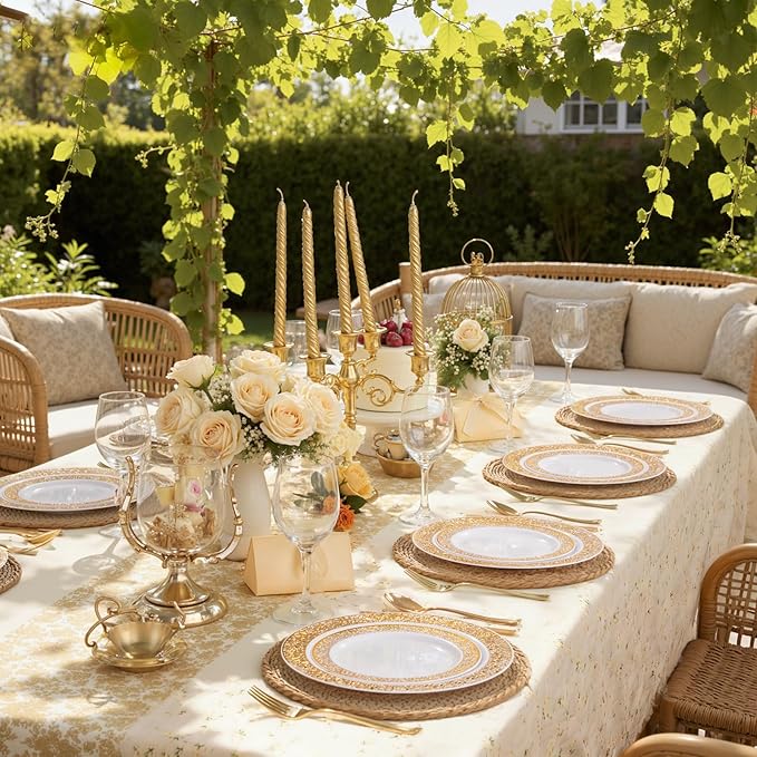 WDF 150PCS Gold Plastic Plates Set Christmas Plastic Plates 25Guests Gold Disposable Dinnerware Sets for Christmas