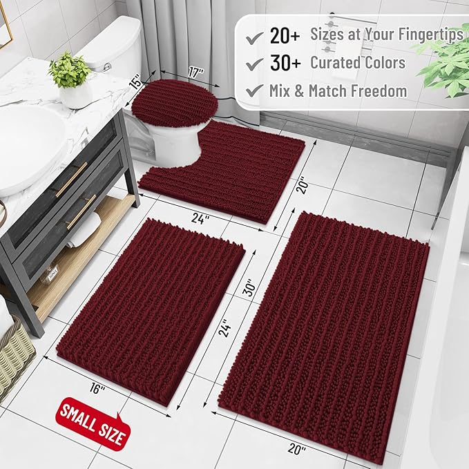 Arotive Luxury Chenille Bathroom Rug Mat, Extra Soft Thick Absorbent Shaggy Bath Rugs, Non-Slip Machine Wash Dry, Plush Bath Mats for Bathroom, Shower and Tub, 47x17, Burgundy