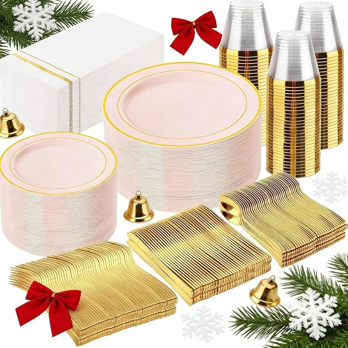 GATHER 350PCS Pink Plastic Plates - Disposable Plastic Dinnerware Set Include 100 Pink Plates, 150 Silverware, 50 Napkins, 50 Cups for Party & Wedding