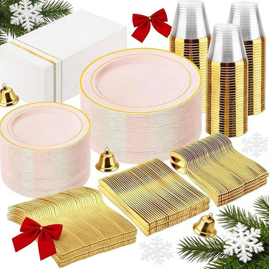 GATHER 350PCS Pink Plastic Plates - Disposable Plastic Dinnerware Set Include 100 Pink Plates, 150 Silverware, 50 Napkins, 50 Cups for Party & Wedding