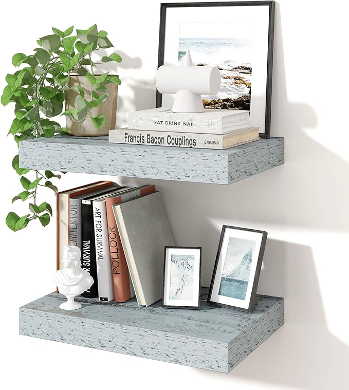 Axeman 16Inch Floating Shelves for Wall, 2 Pack Shelves for Bedroom, Bathroom, Kitchen, Hanging Wall Mounted Rustic Wood Shelf with Invisible Brackets for Books Decor, Rustic Blue