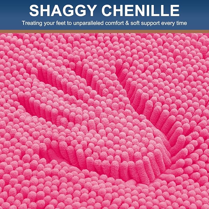Smiry Luxury Chenille Bathroom Rugs 34x21, Extra Soft and Absorbent Shaggy Bath Mat, Machine Washable, Non-Slip Plush Carpet Runner for Tub, Shower, and Floor, Home Decor Accessories, Hot Pink