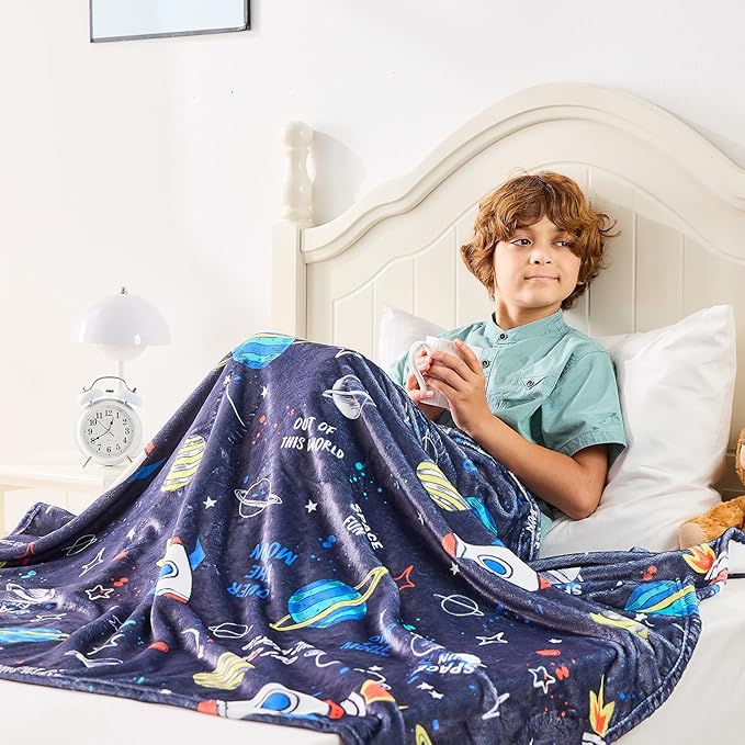 Wajade Toddler Fleece Space Blanket for Boys Kids 3D Rocket Planets Soft Throw Blanket Birthday Christmas Halloween Space Decor for Children 60"x80"
