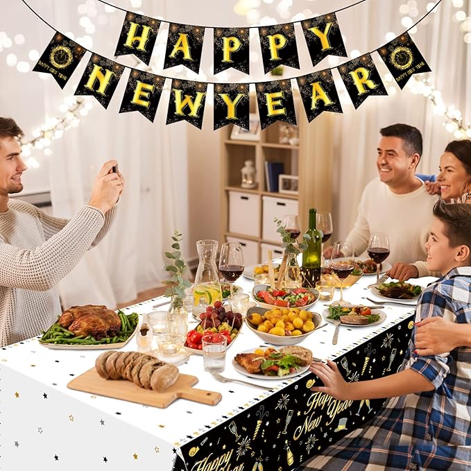 Funrous Happy New Year Party Supplies Tableware Set Serves 24 Guests Including New Year Plates Cups Napkins Forks Knives Spoons Tablecloth and Celebration Banner for Black and Gold Party Decoration