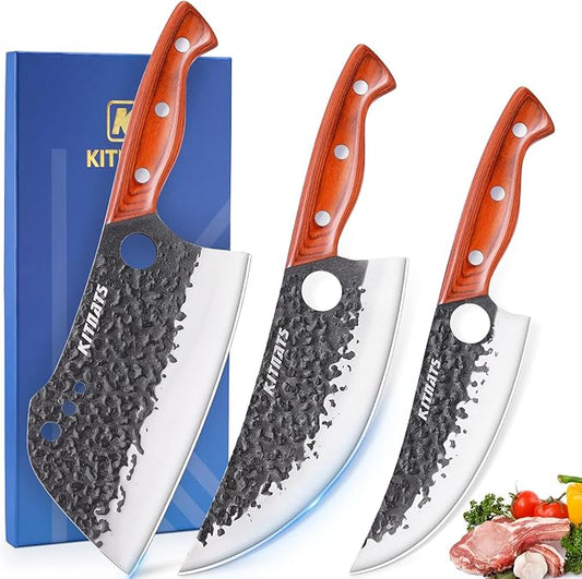 3PCS Hand Forged Butcher Knifes Set Razor Sharp Serbian Chef Knife Meat Cleaver Boning Knife Kitchen Set for Meat Cutting Cooking BBQ Gift for Men Women