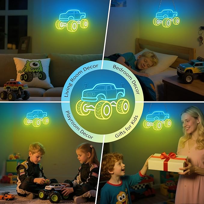 YuanDian Monster Truck Neon Sign, Neon Lights for Bedroom Gamer Room Wall Decor, Gift Ideas for Teen Boys Nephew Son Grandson