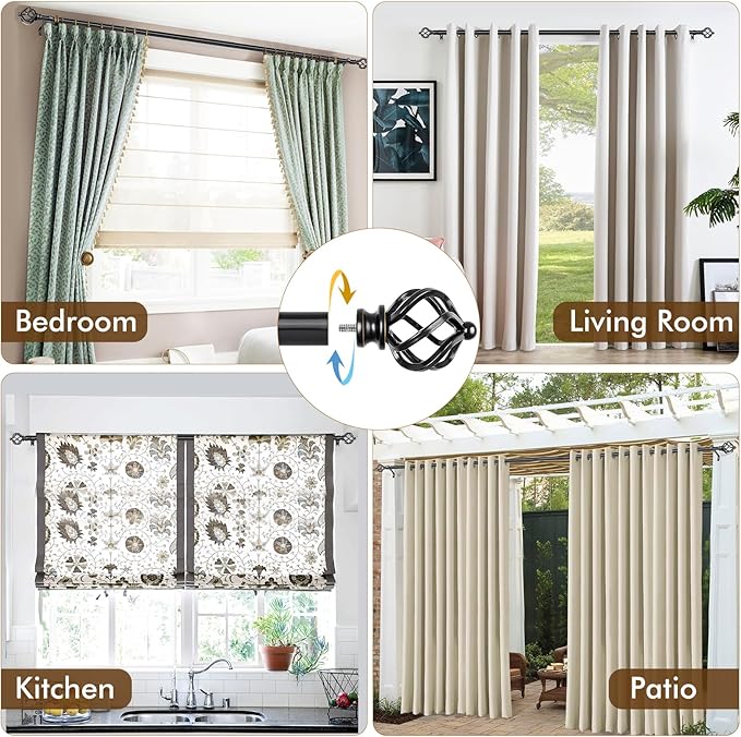 KAMANINA 2 Pack Curtain Rods 32 to 58 Inches (2.6-4.8ft), 3/4 Inch Black Curtain Rods for Windows Splicing Adjustable Single Drapery Rod with Twisted Cage Finial, for Indoor and Outdoor
