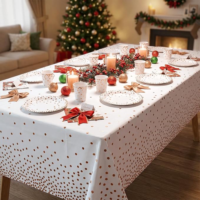 201PCS Disposable Paper Plates Rose Gold Party Supplies, Polka Dots Birthday and Baptism Decorations, include Cups, Napkins, Plastic Tablecloth, for Baby Shower, Mother's Day