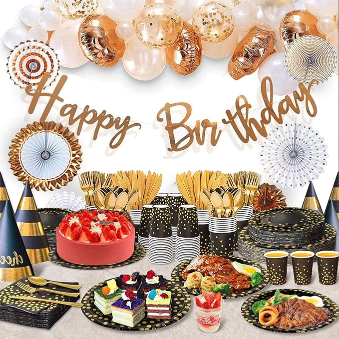 AIRE 350PCS Black and Gold Paper Plates Party Supplies for 50 Guests Party Decorations Disposable Dinnerware Golden Dot Paper Plates Napkins Cups Gold Plastic Forks Knives Spoons for Birthday Wedding