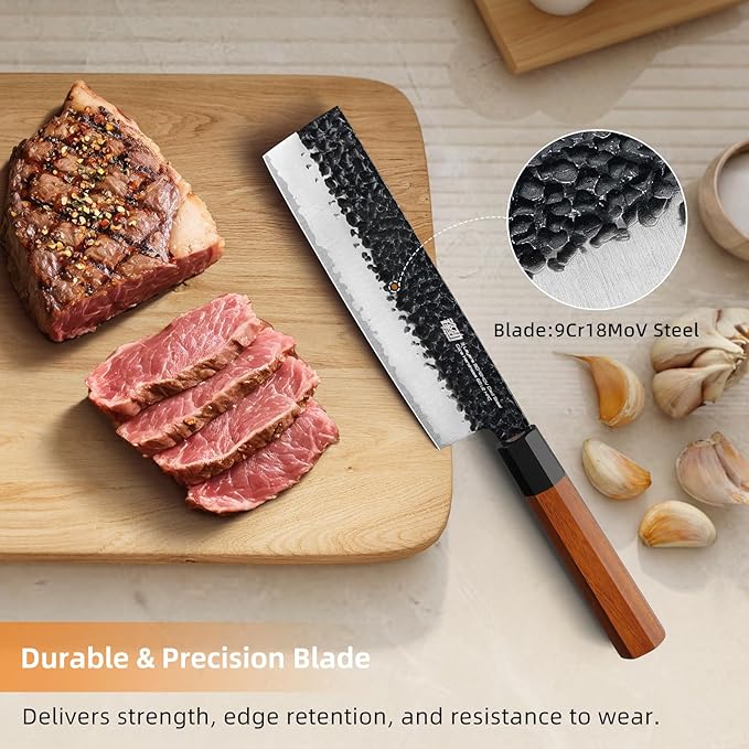 FINDKING Dynasty Series Japanese Nakiri Knife, Professional Vegetable Cleaver, 9Cr18MoV High Carbon Steel Blade, African Rosewood Octagonal Handle, for Shred, Slicing, Mincing, 7 Inches