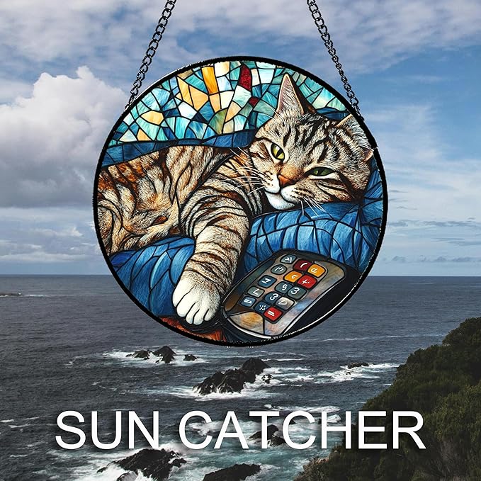 Stained Glass Window Hanging Gray Cat and Remote Control 7.8" - Suncatcher Door Garden Kitchen Sun Catcher Home Decor Birthday for Lost Pets Mom Men Woman Friend Grandma