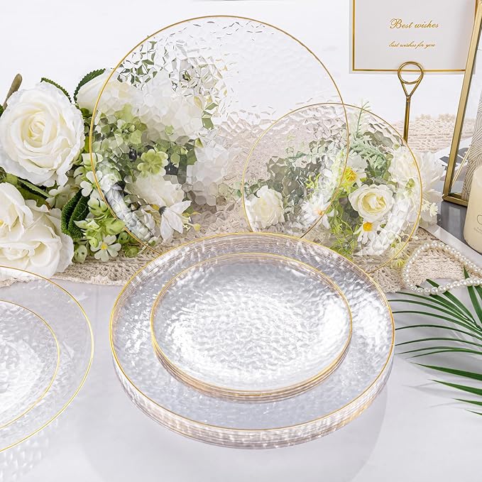 Rubtlamp 175 Pcs Plastic Dinnerware Set (25 Guests), Clear And Gold Plastic Plates, Hammered Party Plates Include Dinner Platos, Dessert Platos, Cups, Gold Cutlery Set And Napkins for Christmas