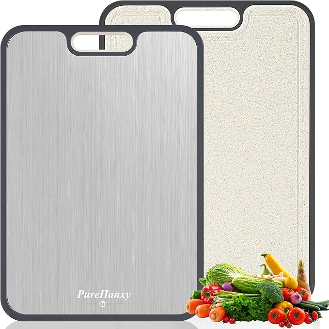 Titanium Cutting Board for Kitchen,2-in-1 Double Sided Food-Grade Pure Titanium&Wheat Straw PP,Non-Toxic，Non-Slip，Ideal for Meat,Fruit，Vegetables & Family Cooking ，Easy to Clean Large Size 15.2”×10.5”