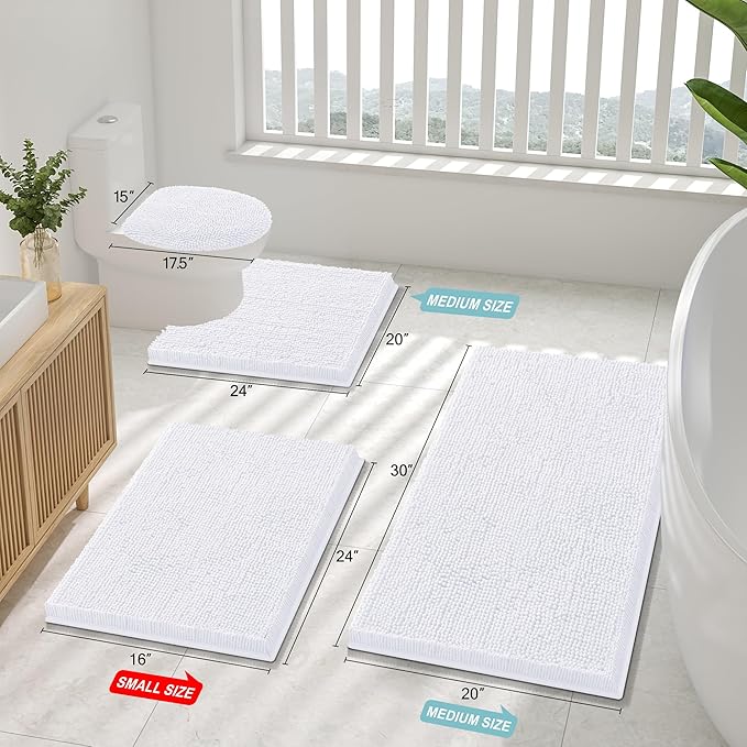 Smiry Luxury Chenille Bathroom Rugs 44x32, Extra Soft and Absorbent Shaggy Bath Mat, Machine Washable, Non-Slip Plush Carpet Runner for Tub, Shower, and Floor, Home Decor Accessories, White