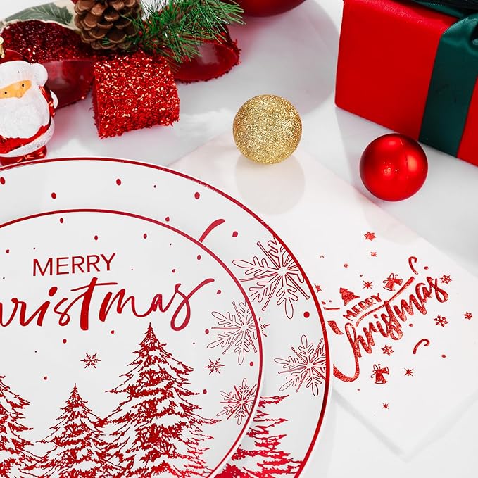 Rubtlamp 175 Pcs Christmas Plastic Plates And Napkins, Christmas Plates Disposable, White And Red Plastic Dinnerware Include 25Dessert Platos, 25Dinner Platos, 75 plastic cultery, 25Cups, 25Napkins