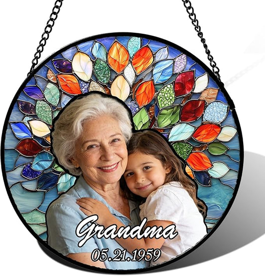 Personalized Grandma Stained Glass Window Hanging - Custom Photo Gifts Memorial Ornaments Sun Catcher, Mother's Day Christmas Birthday Gift for Nana Grandparents Mom Mother in Law Women Lovers Dad