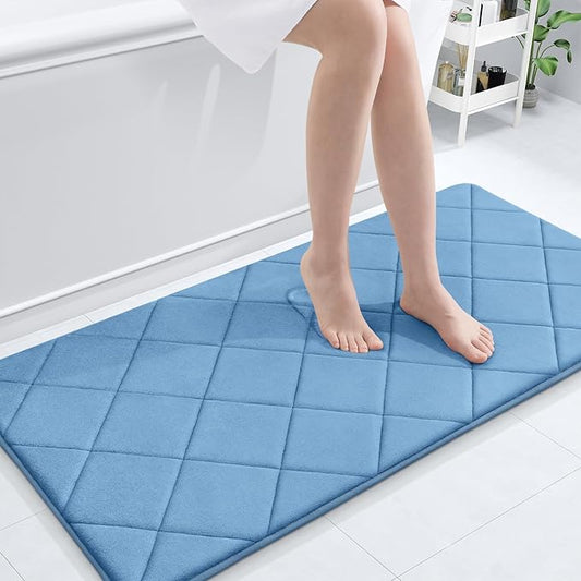 OLANLY Memory Foam Bath Mat 44x24, Ultra Soft and Absorbent Bathroom Rugs, Machine Washable, Comfortable Bath Carpet for Bathroom Floor, Tub and Shower, Blue