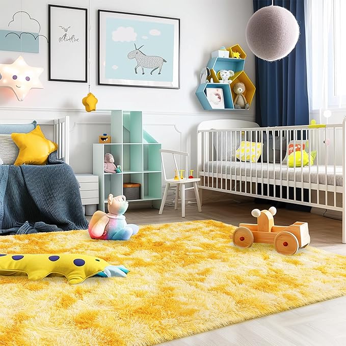 Super Fluffy Rug for Bedroom, 4x6 Shag Fuzzy Area Rug for Living Room Bedroom, Plush Soft Carpet for Girls Boys Kids, Non Slip Throw Rugs for Dorm, Modern Home Decor Aesthetic, Tie-Dyed Yellow