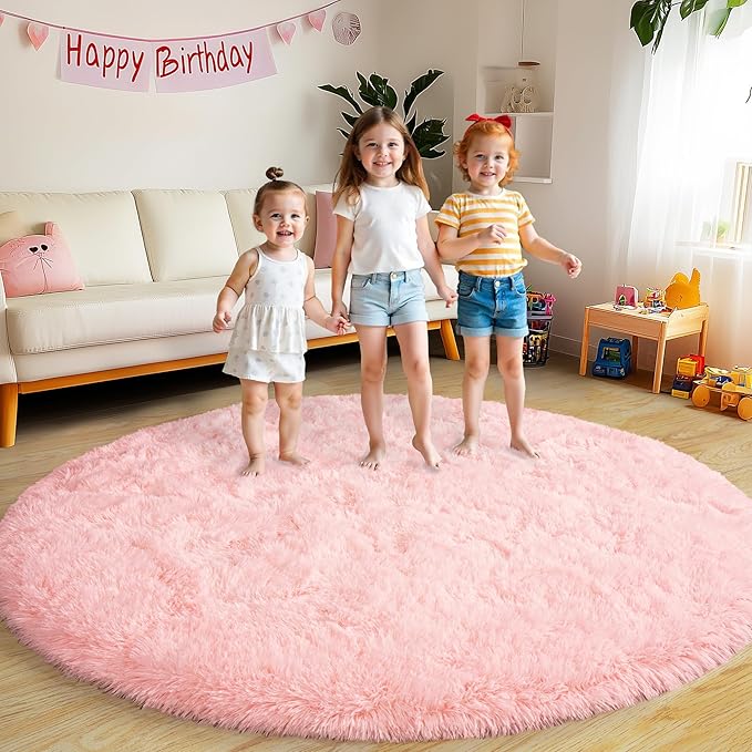 Round Fluffy Rugs 7Ft for Girls Bedroom, Pink Shag Circle Kids Rug Non-Slip for Bedside Dorm Nursery Playroom, Soft Cute Area Rugs for Living Room Decor