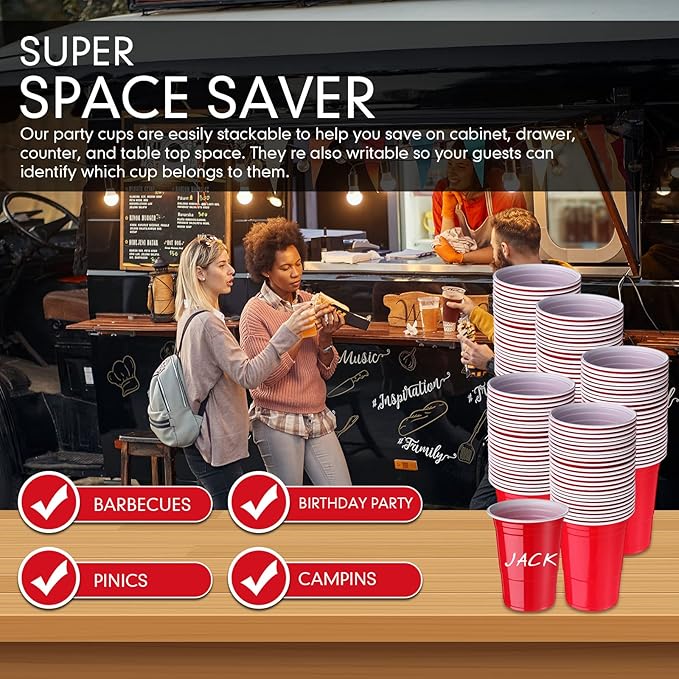 Mimorou Red 200 Pack 16 oz Disposable Plastic Cups Bulk, Party Plastic Cups for Parties Stackable Beverage Drinking Tumbler Heavy Duty for Events Picnics and BBQ Wedding Birthday Baby Shower