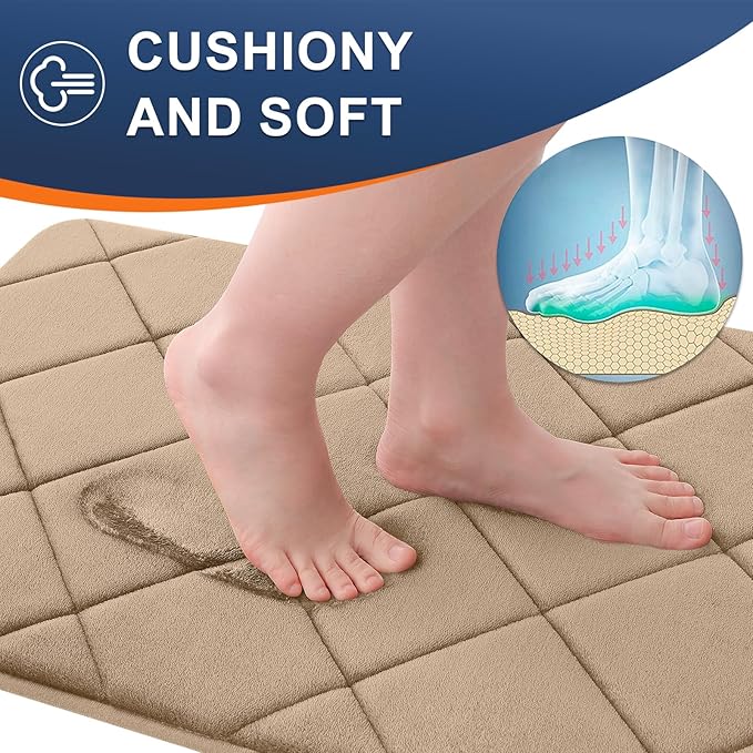 OLANLY Memory Foam Bath Mat 36x24, Ultra Soft and Absorbent Bathroom Rugs, Machine Washable, Comfortable Bath Carpet for Bathroom Floor, Tub and Shower, Tan