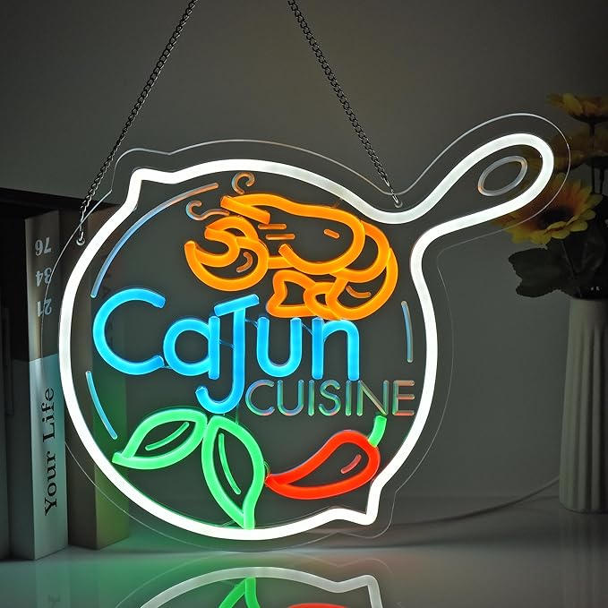 CNBEYOUNG Cajun Cuisine Neon Sign, Neon Lights Hanging Wall Art Decoration for Cajun Restaurant Shop Bar Cafe Kitchen Party Home Decor, USB Powered Ultra Bright Dimmable,14.8x 12.6inches