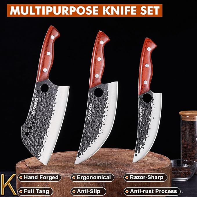 3PCS Hand Forged Butcher Knifes Set Razor Sharp Serbian Chef Knife Meat Cleaver Boning Knife Kitchen Set for Meat Cutting Cooking BBQ Gift for Men Women