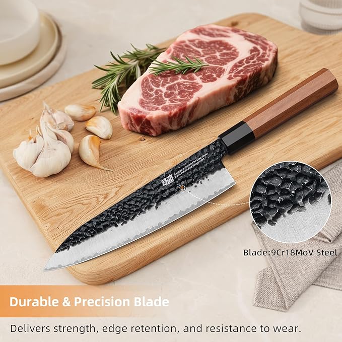 FINDKING Dynasty Series Japanese Chef Knife, Professional Kitchen Knife, 9Cr18MoV High Carbon Steel Blade, African Rosewood Octagonal Handle, Sharp, for Meat Cutting, 8 Inches